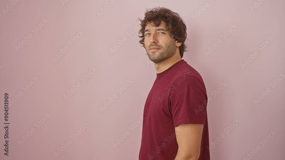 Handsome young hispanic man with beard in casual t-shirt posing against a pink wall. Handsome young hispanic man with beard in casual t-shirt posing against a pink wall.
