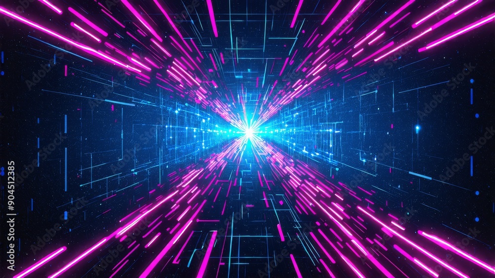 Futuristic Neon Light Vector Background with Dynamic Grid Pattern of Purple and Blue Light Beams in Deep Space. High-Definition Cyber Technology Stock Illustration Futuristic Neon Light Vector Background with Dynamic Grid Pattern of Purple and Blue Light Beams in Deep Space. High-Definition Cyber Technology Stock Illustration