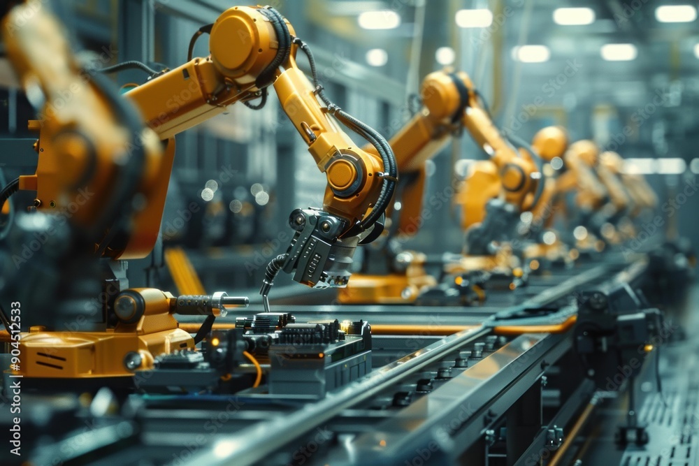 Modern industrial factory with robotic arms assembling electronics on production line Modern industrial factory with robotic arms assembling electronics on production line