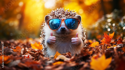 funny hedgehog wearing sunglasses and doing thumbs up, animal cartoon. Design for Wall Art, Poster Print, Wallpaper & Background