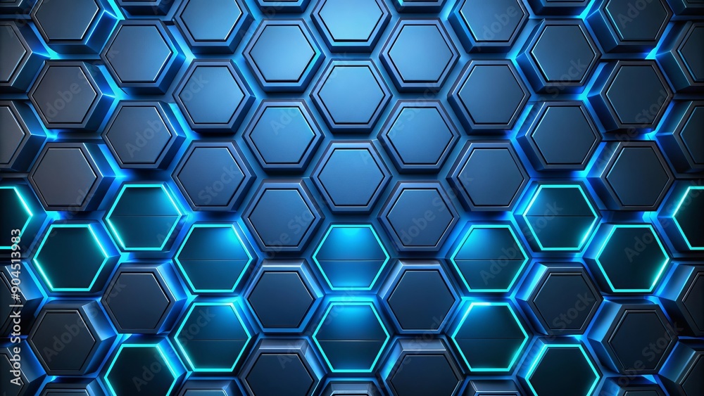 Modern Blue Hexagonal Pattern With Glowing Elements on Dark Background at Night Modern Blue Hexagonal Pattern With Glowing Elements on Dark Background at Night