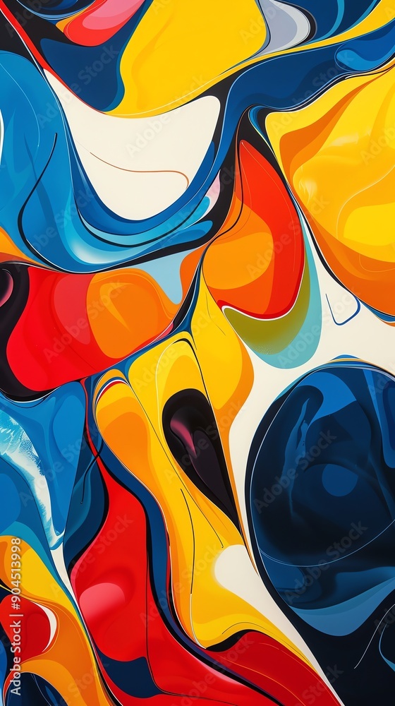 Obraz premium Vibrant abstract art featuring swirling colors of blue, red, yellow, and white, creating a dynamic and energetic composition.