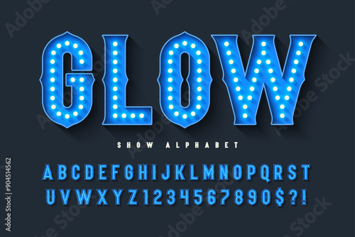 Retro circus alphabet design, cabaret, fairy LED lamps letters and numbers.