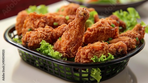 Close-Up of Crispy Fried Chicken Wings in a Basket with Fresh Lettuce.