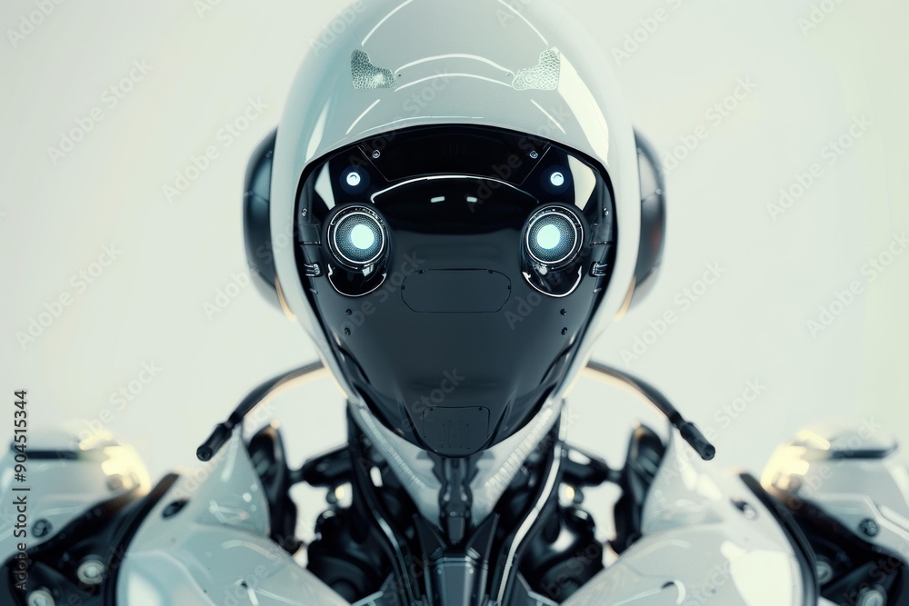 White and black futuristic robot with glowing blue eyes stares intently White and black futuristic robot with glowing blue eyes stares intently