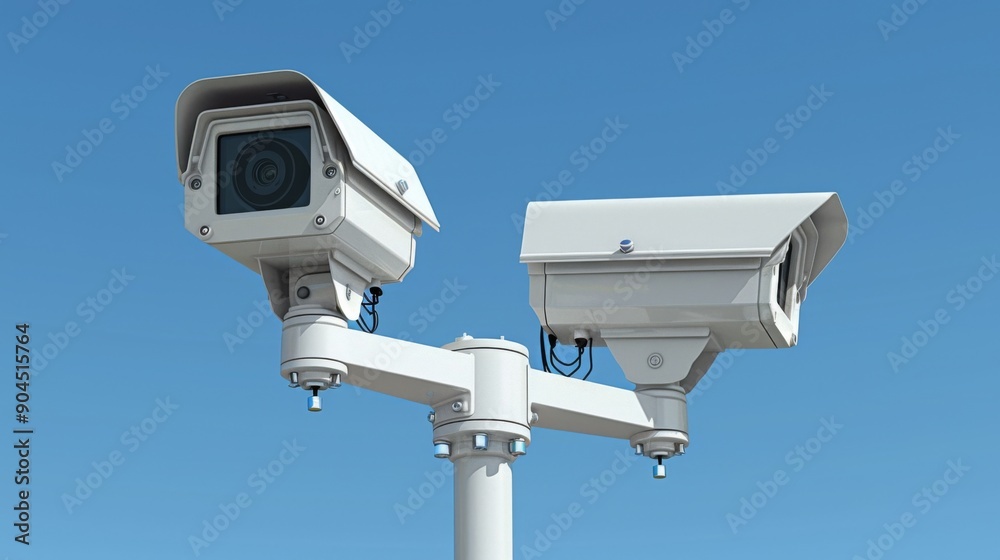 Two Outdoor Security Cameras on Mounting Pole Against Clear Blue Sky.
