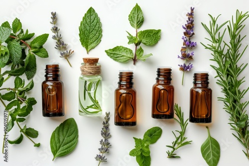 Aromatic essential oils in lab setting, featuring aromatherapy and alternative medicine concept photo