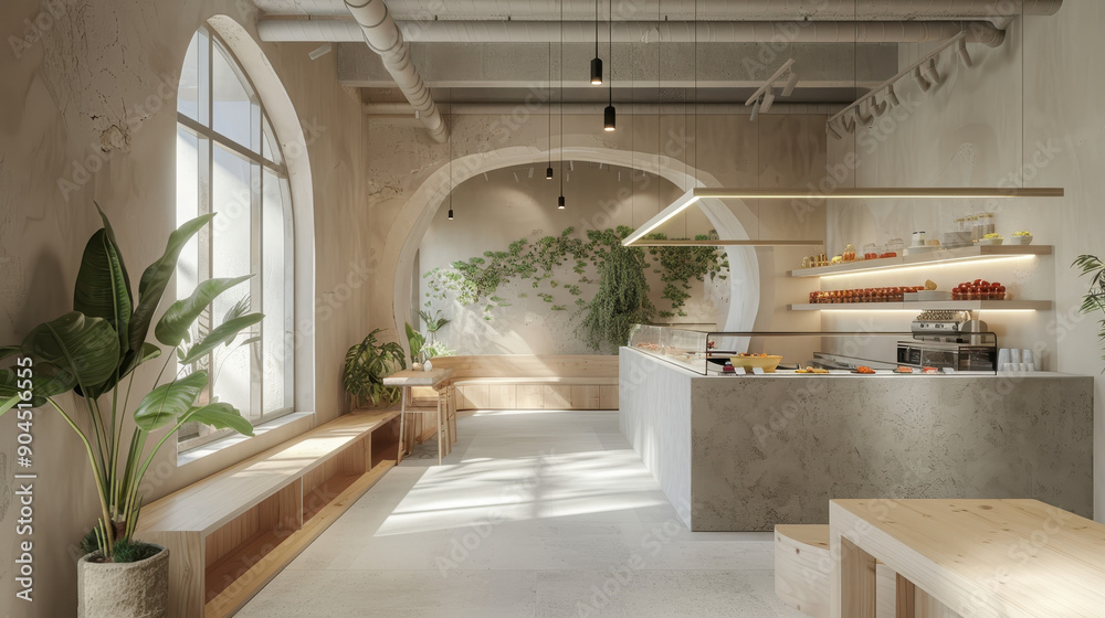Fototapeta premium A restaurant with a lot of greenery and plants. The interior is bright and inviting, with a lot of natural light coming in through the windows. The tables are set up with baskets of fruit