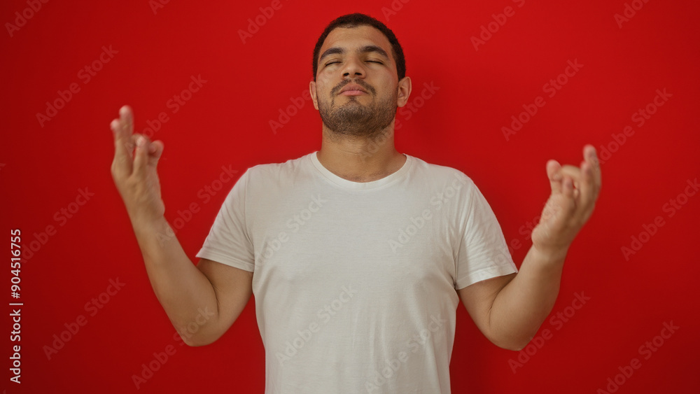 Young hispanic man with a relaxed expression posing against a vibrant red background, wearing a plain white t-shirt with closed eyes and upturned hands. Young hispanic man with a relaxed expression posing against a vibrant red background, wearing a plain white t-shirt with closed eyes and upturned hands.