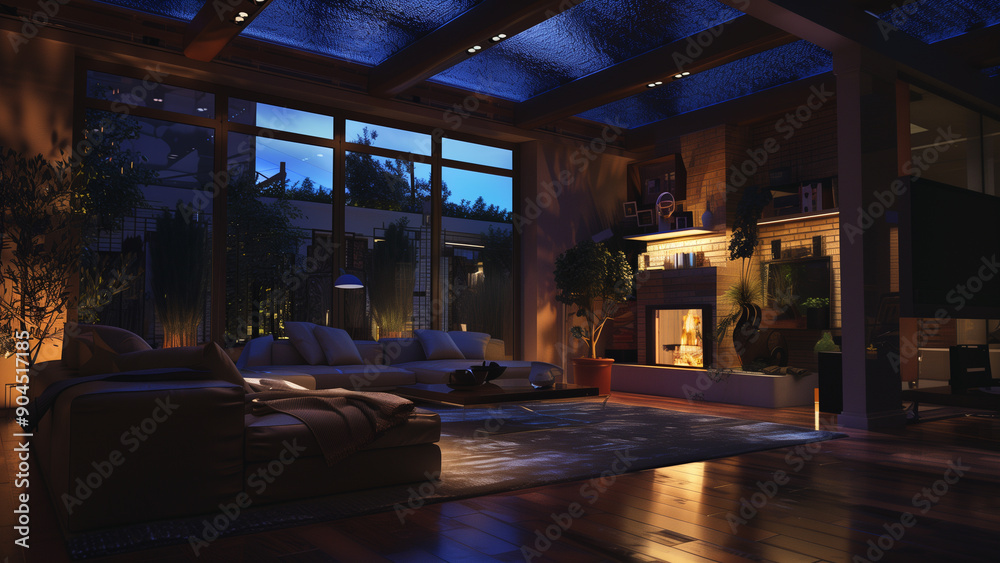 Atmospheric Nighttime Living Room with Fireplace and Skylight Atmospheric Nighttime Living Room with Fireplace and Skylight