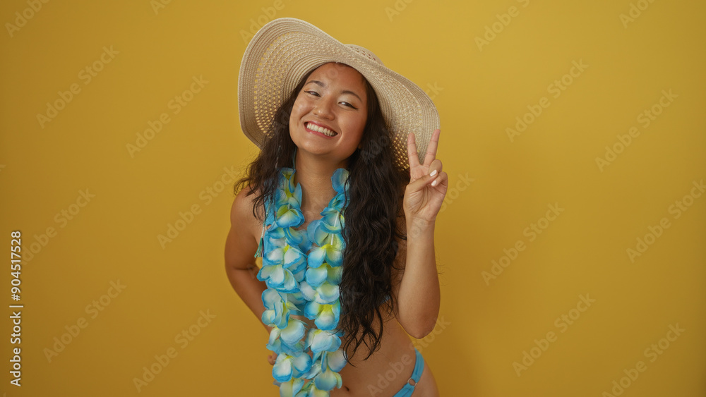 Beautiful young asian woman wearing a hat and floral lei makes a peace sign over an isolated yellow background, embodying the joy and style of tropical vacation vibes Beautiful young asian woman wearing a hat and floral lei makes a peace sign over an isolated yellow background, embodying the joy and style of tropical vacation vibes