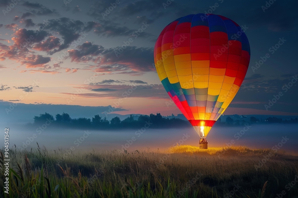 Fototapeta premium Colorful hot air balloon is taking off from a misty valley at dawn