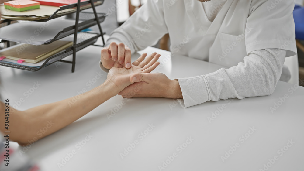 A therapist in a white coat performing hand physiotherapy on a patient indoors, with both man and woman present. A therapist in a white coat performing hand physiotherapy on a patient indoors, with both man and woman present.