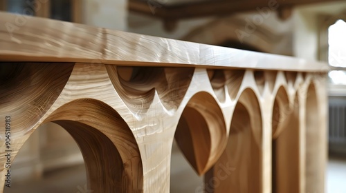 The wooden railing has a unique design with arches and circles