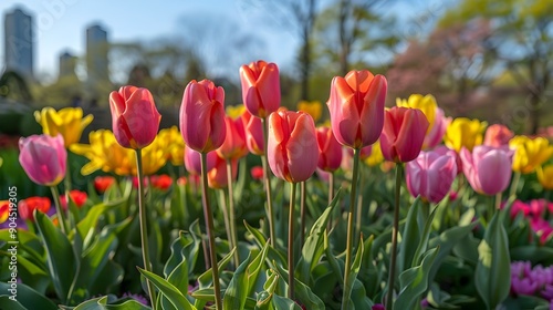 A field of flowers with pink and yellow tulips