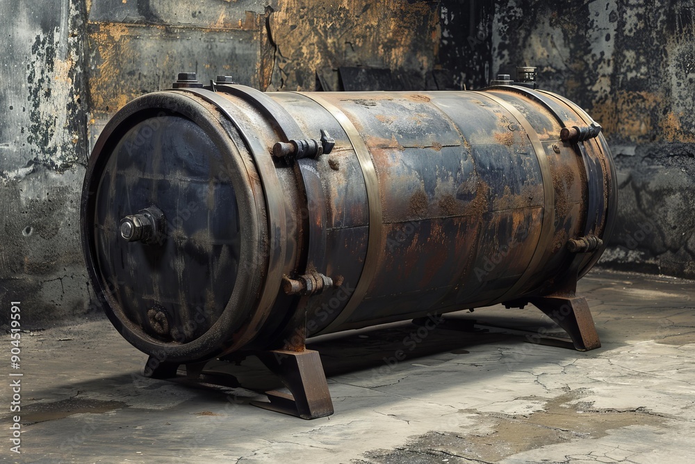 Old rusty industrial autoclave standing on a cold concrete floor in an abandoned factory Old rusty industrial autoclave standing on a cold concrete floor in an abandoned factory