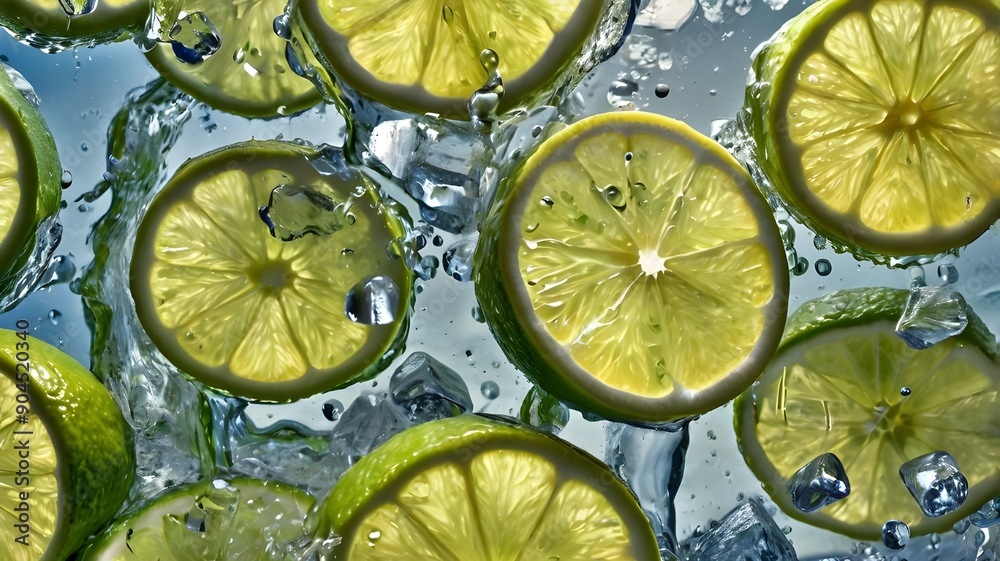 Fresh lime slices and ice cubes float in bubbling white water, creating a refreshing and vibrant summer scene with a crisp, clean aesthetic on a light background. Generative AI. Fresh lime slices and ice cubes float in bubbling white water, creating a refreshing and vibrant summer scene with a crisp, clean aesthetic on a light background. Generative AI.