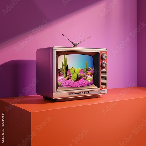 Retro Television Displaying a Vibrant Cactus Garden in a Modern Setting - Illustration