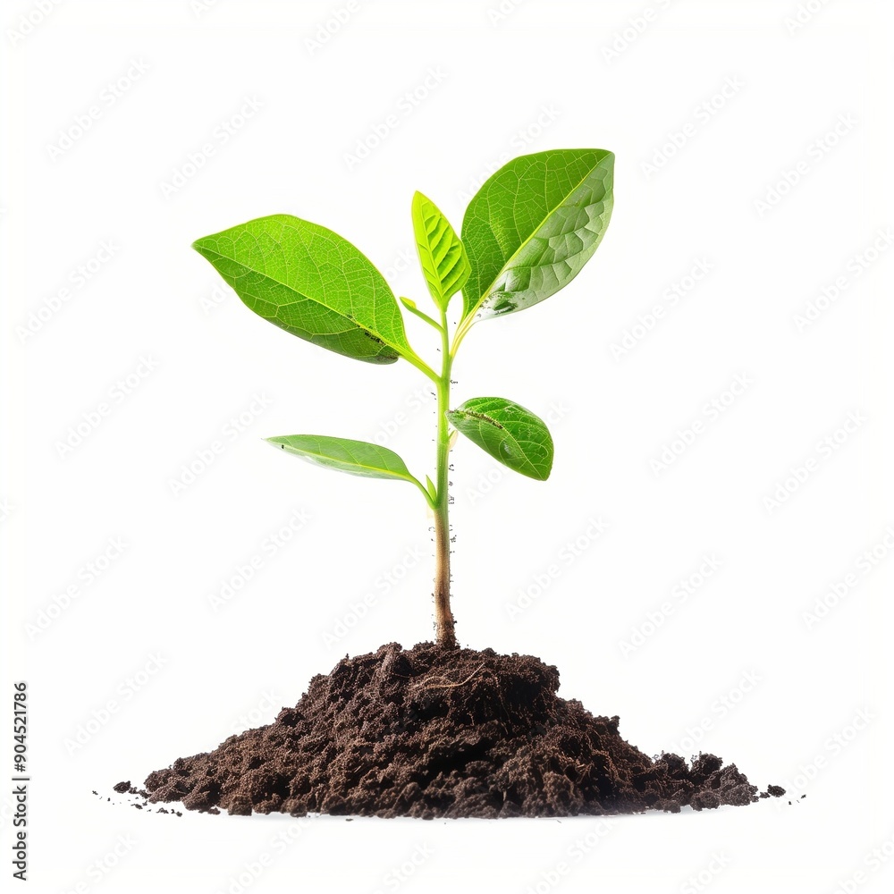 Young Green Plant in Fresh Soil on White Background - Growth Concept Photograph for Botanical and Environmental Themes Young Green Plant in Fresh Soil on White Background - Growth Concept Photograph for Botanical and Environmental Themes