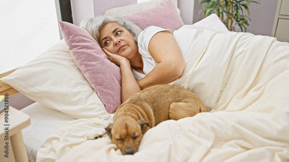 A contemplative elderly woman lies in bed with her resting dog in a cozy bedroom setting. A contemplative elderly woman lies in bed with her resting dog in a cozy bedroom setting.