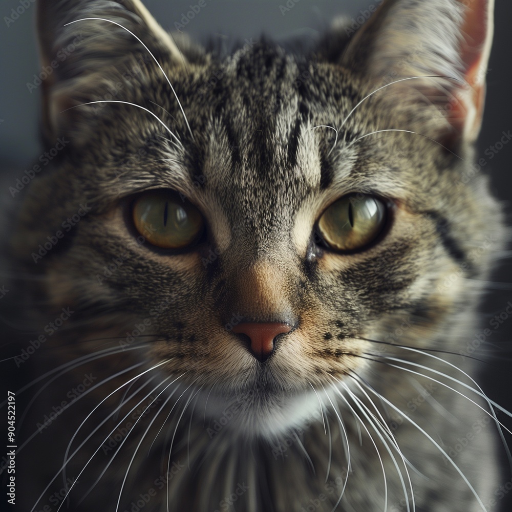 Close-Up Photograph of a Tabby Cat with Striking Green Eyes and Detailed Whiskers Close-Up Photograph of a Tabby Cat with Striking Green Eyes and Detailed Whiskers
