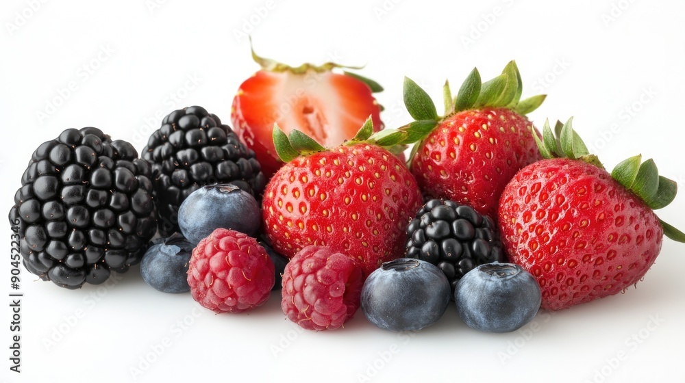 Assorted ripe berries including strawberries, blackberries, raspberries, and blueberries, cut out on white Assorted ripe berries including strawberries, blackberries, raspberries, and blueberries, cut out on white