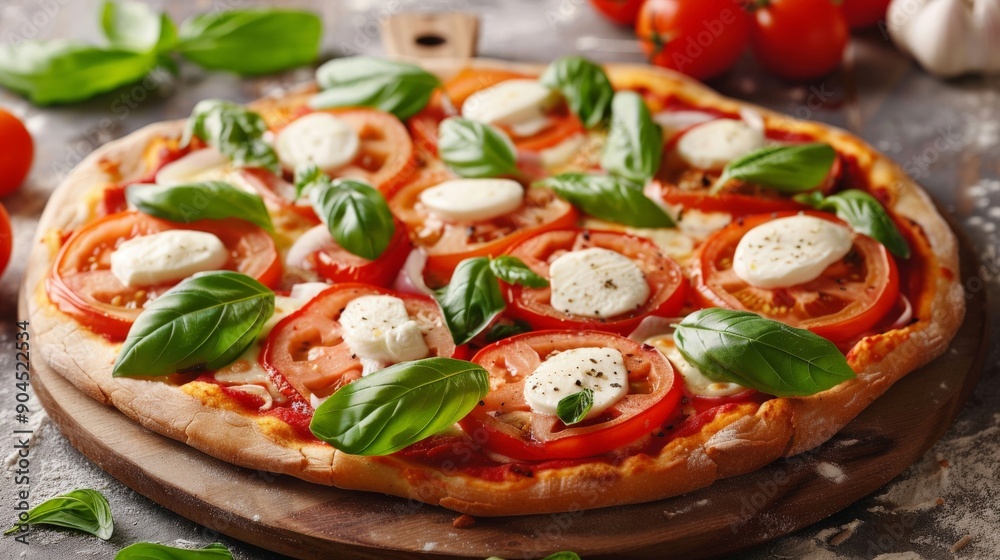 Pizza with fresh tomato slices, mozzarella, and basil leaves Pizza with fresh tomato slices, mozzarella, and basil leaves