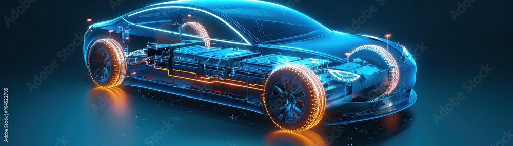 Fototapeta premium A car engine is lit up with orange lights. The car is on display in a showroom