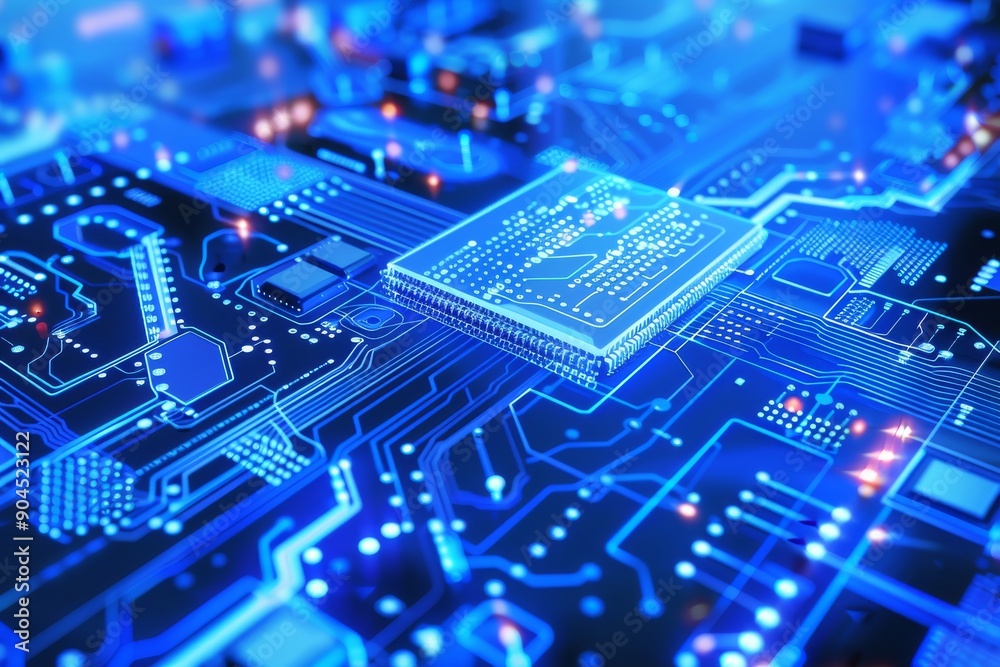Advanced AI Processor on Futuristic Circuit Board Glowing Blue and Red Lights High Tech Design Advanced AI Processor on Futuristic Circuit Board Glowing Blue and Red Lights High Tech Design