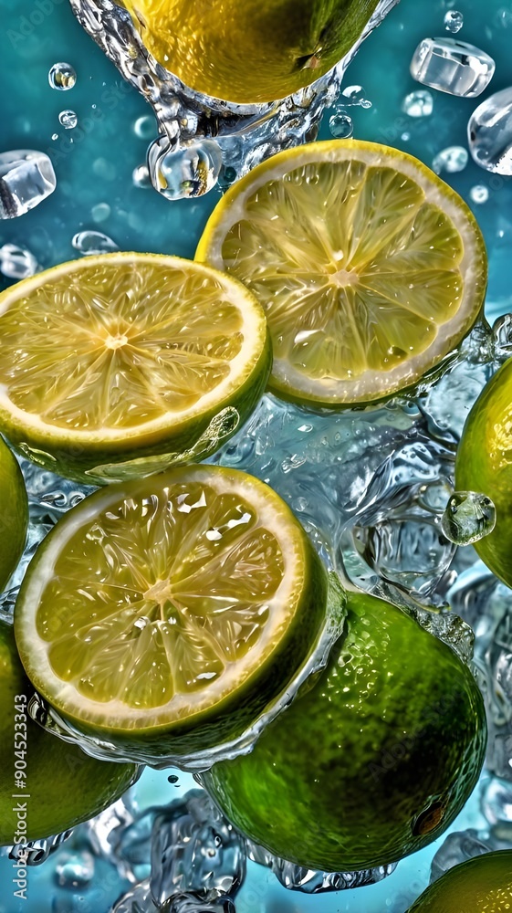 Fresh lime slices and ice cubes float in bubbling white water, creating a refreshing and vibrant summer scene with a crisp, clean aesthetic on a light background. Generative AI. Fresh lime slices and ice cubes float in bubbling white water, creating a refreshing and vibrant summer scene with a crisp, clean aesthetic on a light background. Generative AI.