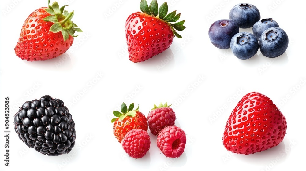 Collection of ripe strawberries, blackberries, raspberries, and blueberries, isolated and cut out