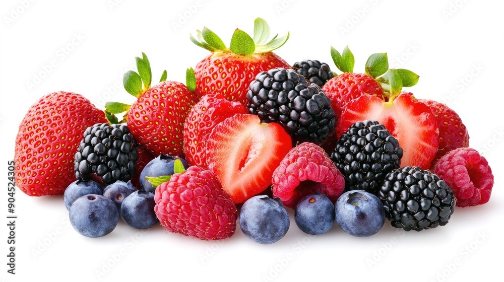 Colorful mix of ripe strawberries, blackberries, raspberries, and blueberries, cut out and isolated Colorful mix of ripe strawberries, blackberries, raspberries, and blueberries, cut out and isolated