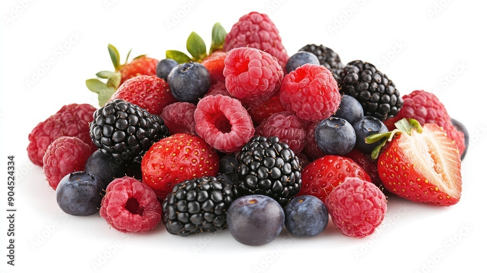 Colorful mix of strawberries, blackberries, raspberries, and blueberries, cut out on white Colorful mix of strawberries, blackberries, raspberries, and blueberries, cut out on white
