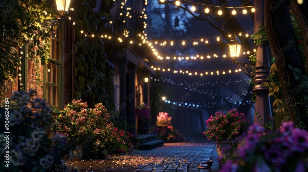 Highlight the details in the lights and floral decorations. generative ai Highlight the details in the lights and floral decorations. generative ai