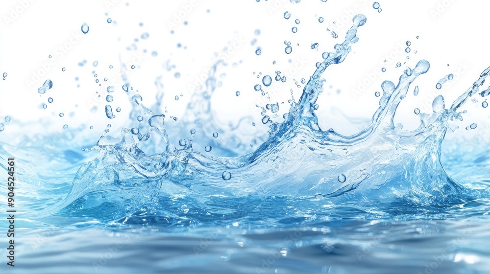 Crystal clear blue water splash cut out, with droplets scattering in all directions Crystal clear blue water splash cut out, with droplets scattering in all directions