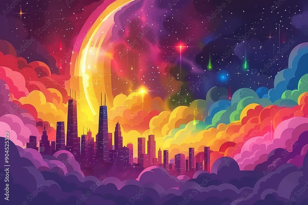 Obraz premium Cityscape Under a Rainbow Galaxy
