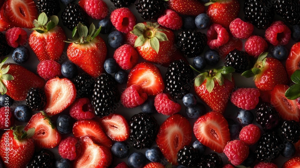 Obraz premium Fresh and colorful mix of ripe strawberries, blackberries, raspberries, and blueberries, cut out