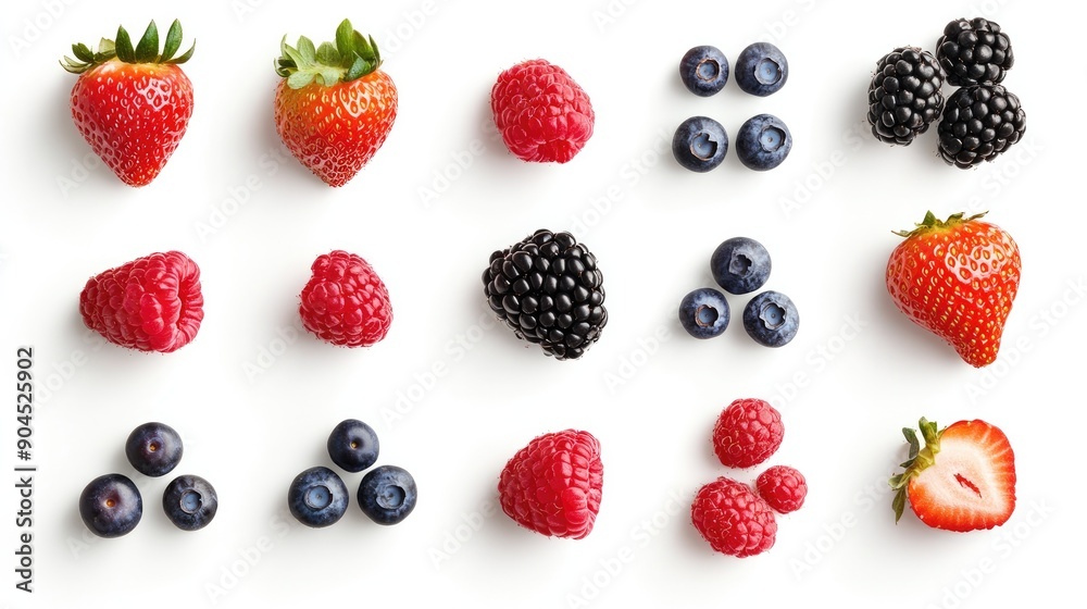 Fresh and vibrant collection of strawberries, blackberries, raspberries, and blueberries, cut out on white Fresh and vibrant collection of strawberries, blackberries, raspberries, and blueberries, cut out on white
