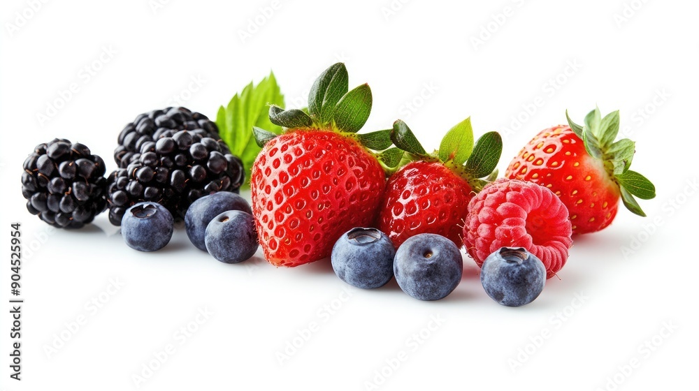 Fresh and vibrant strawberries, blackberries, raspberries, and blueberries, cut out on white Fresh and vibrant strawberries, blackberries, raspberries, and blueberries, cut out on white