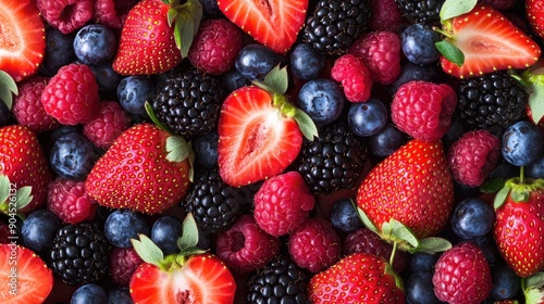 Fresh mix of strawberries, blackberries, raspberries, and blueberries, cut out and vibrant