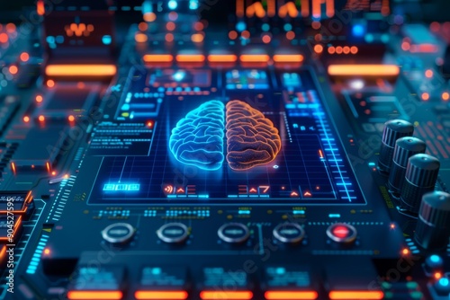 Digital dashboard with a brain interface representing the integration of human intelligence and technology in a high tech environment.