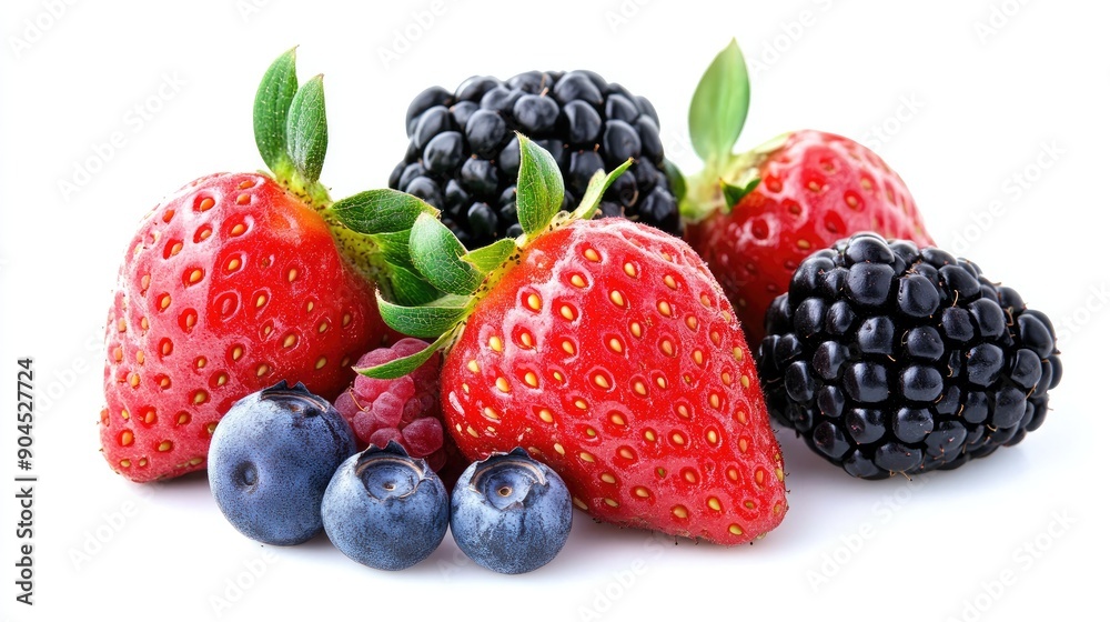 Ripe strawberries, blackberries, raspberries, and blueberries, isolated and cut out on white Ripe strawberries, blackberries, raspberries, and blueberries, isolated and cut out on white
