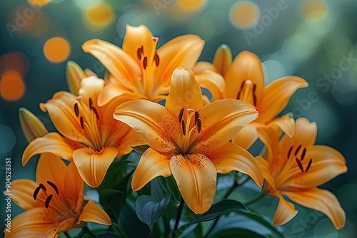 Beautiful orange lily flowers on green nature background. Summer concept