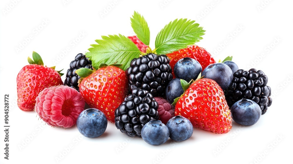 Vibrant mix of fresh strawberries, blackberries, raspberries, and blueberries, cut out and isolated Vibrant mix of fresh strawberries, blackberries, raspberries, and blueberries, cut out and isolated
