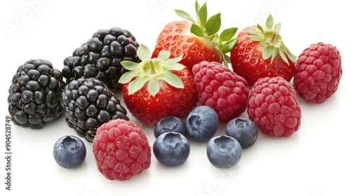 Vibrant cut out of ripe strawberries, blackberries, raspberries, and blueberries, showing their freshness