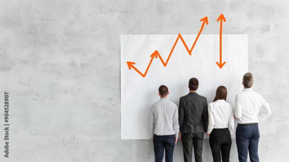 Business team of various ethnicities planning a project on a large whiteboard, with arrows illustrating their individual contributions towards a common goal