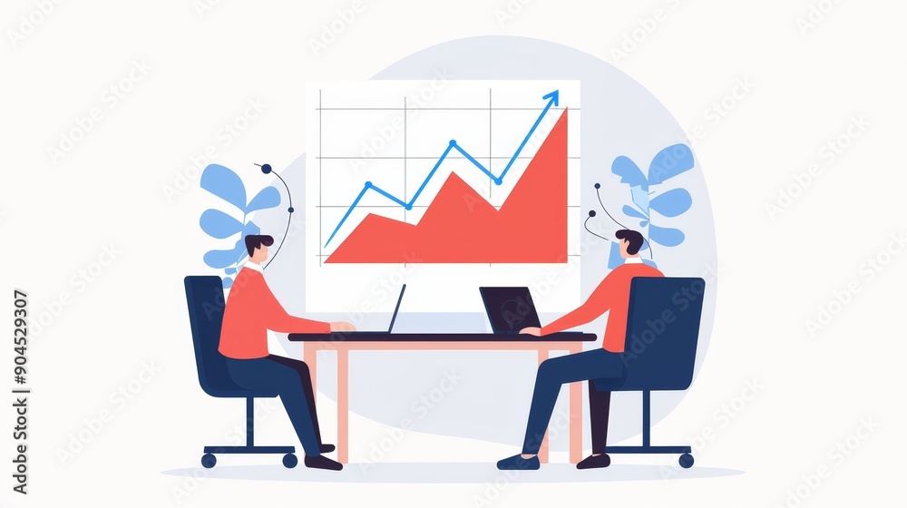 Collaborative workspace with visual elements of charts and arrows indicating upward trends, emphasizing business growth and market success Collaborative workspace with visual elements of charts and arrows indicating upward trends, emphasizing business growth and market success