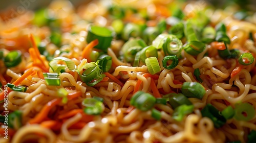 Close up of noodles with carrots and green onions.