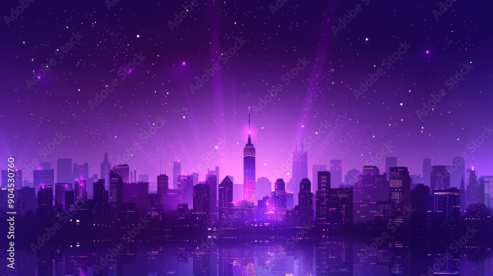 Illustration of a city skyline at night with a vibrant purple sky filled with stars, creating a stunning urban nightscape.
