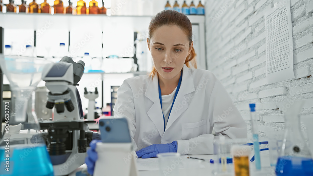 Focused woman scientist using smartphone in a modern laboratory setting, surrounded by lab equipment. Focused woman scientist using smartphone in a modern laboratory setting, surrounded by lab equipment.